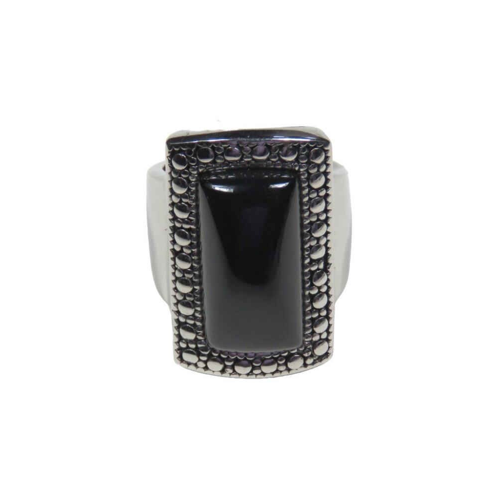Inox Women's Polished Stainless Steel Ring with Rectangular Black Stone
